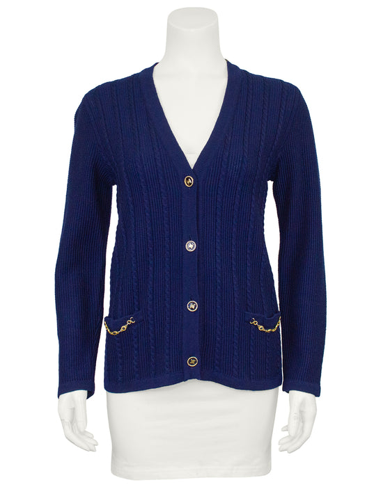 Navy Wool Knit Cardigan with Chains
