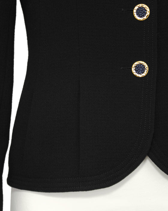 Black Collarless Jacket with Gold Buttons