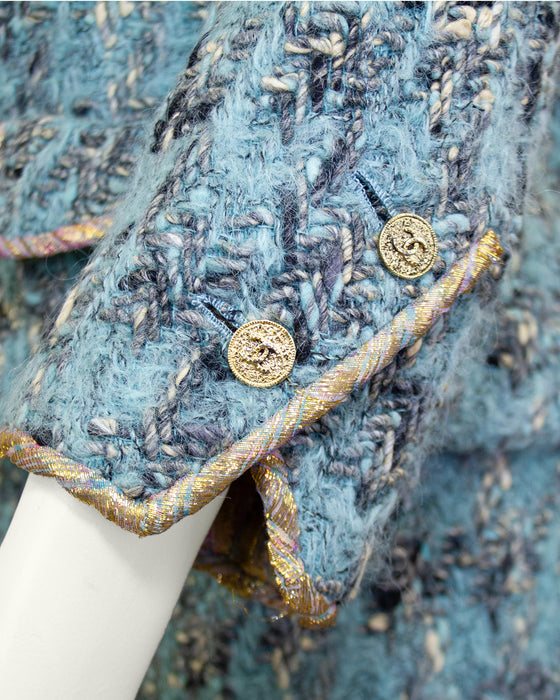Blue Tweed Haute Couture Jacket and Dress Ensemble