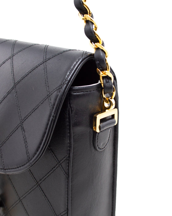 Black Leather Quilted Shoulder Bag with Chain