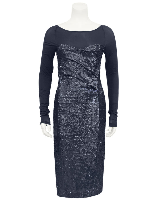 Charcoal Grey Sheer and Sequin Cocktail Dress