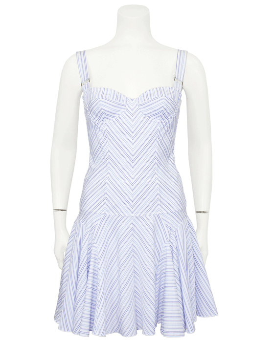 Blue and White Chevron Striped Cotton Mini Dress