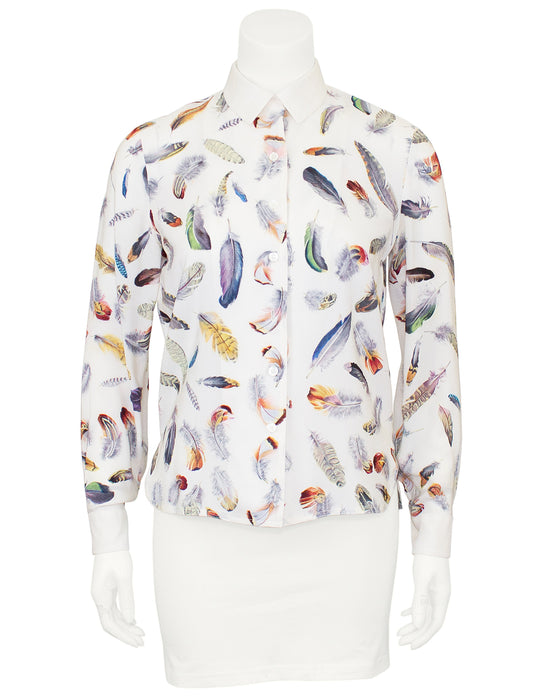 White Silk Blouse with Feather Print