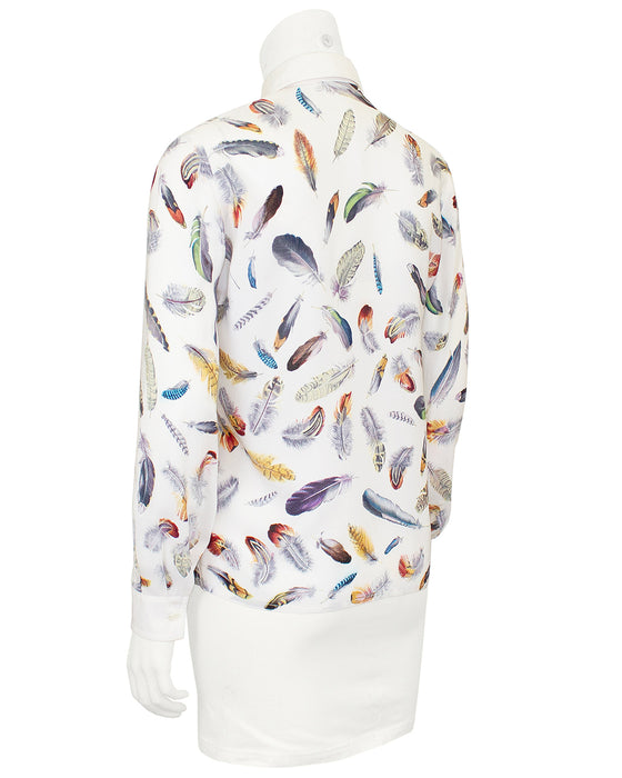 White Silk Blouse with Feather Print
