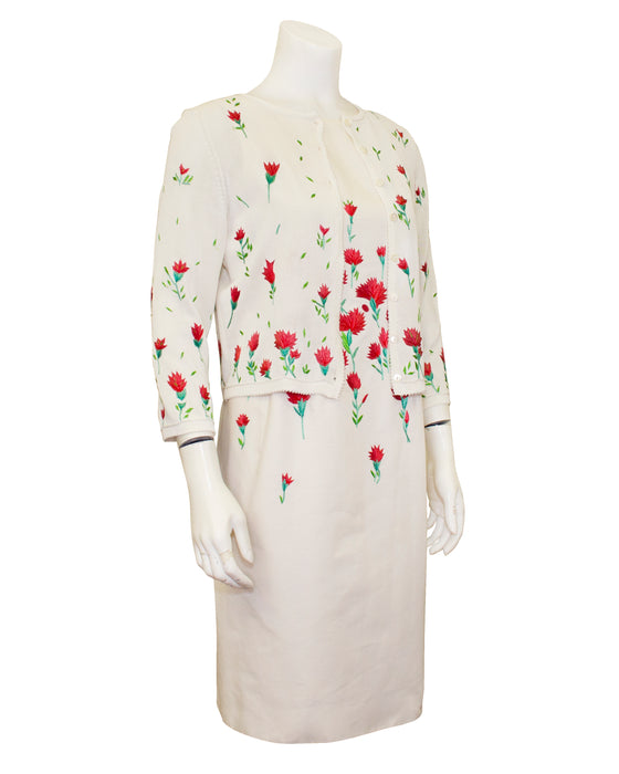 White and Pink Carnation Embroidered Dress and Cardigan Ensemble