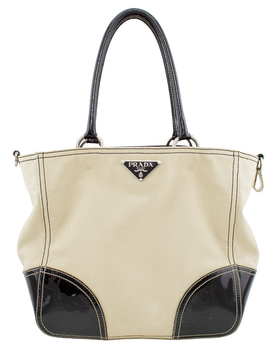 Beige Canvas Tote with Black Patent Leather