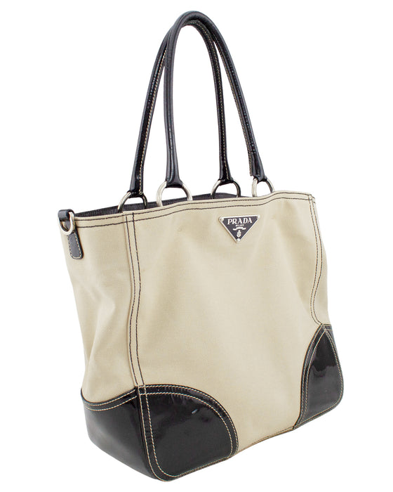 Beige Canvas Tote with Black Patent Leather