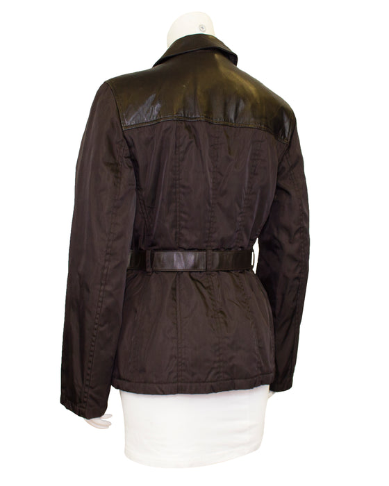 Brown Nylon and Leather Belted Jacket