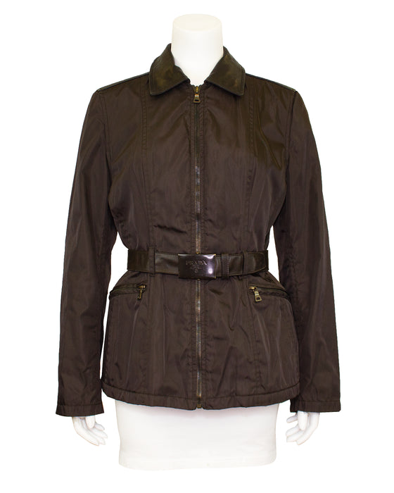 Brown Nylon and Leather Belted Jacket