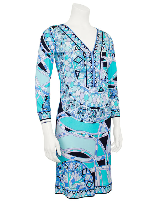 Blue Printed Long Sleeve Dress