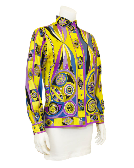 Yellow, Blue and Purple Printed Silk Shirt