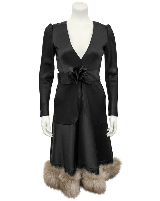 Black Satin Fur Trim Cocktail Dress