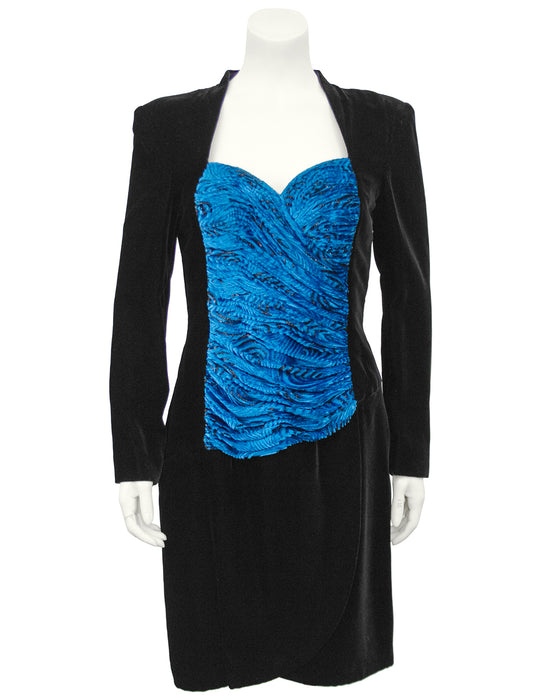 Black Velvet Cocktail Dress with Royal Blue Bodice