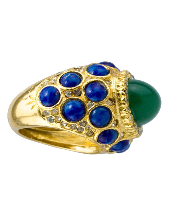 Cocktail Ring with Green and Blue Cabochon Stones