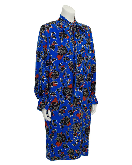 Blue Jacquard Silk Print Dress