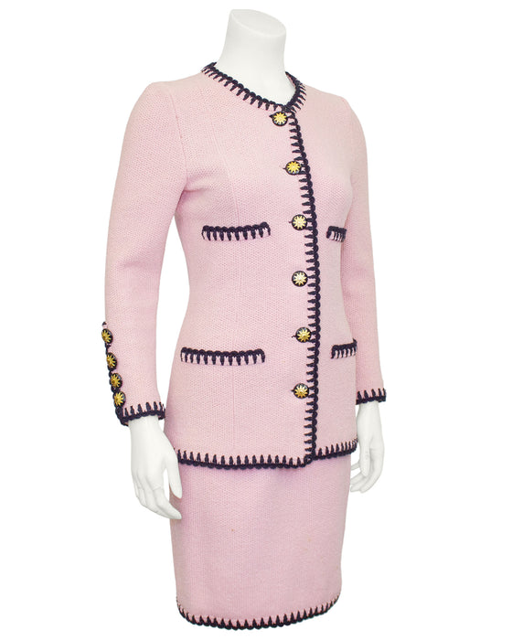 Pink Wool Knit Skirt Suit with Black Trim