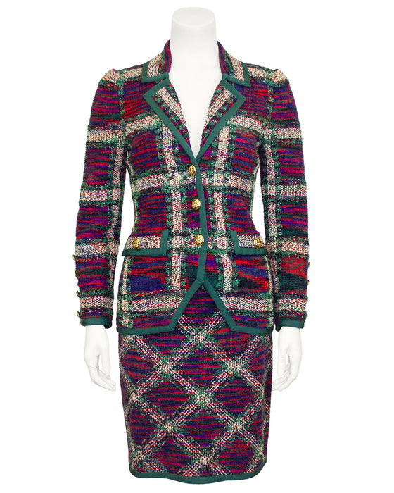 Green, Purple & Red Plaid Knit Skirt Suit