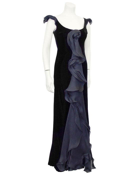 Black Velvet Gown with Cascading Layered Chiffon