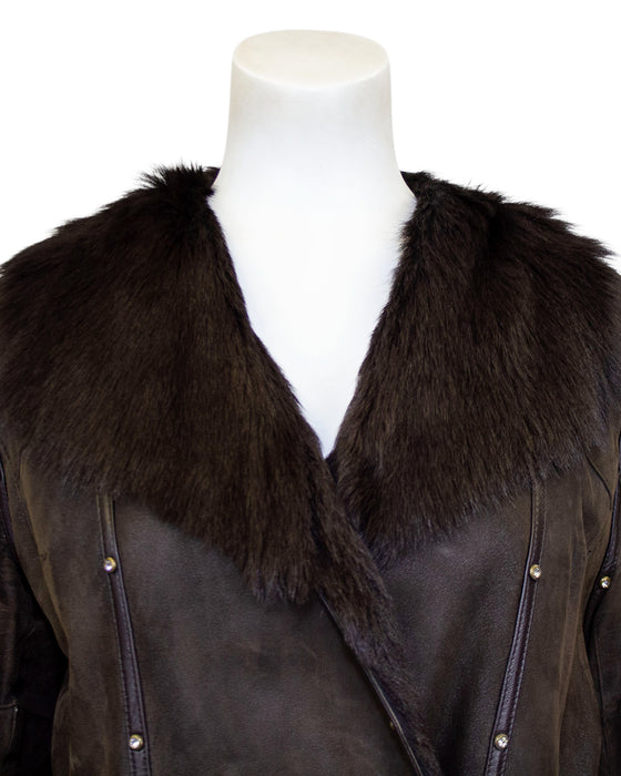 Brown Leather and Fur Coat with Rhinestones