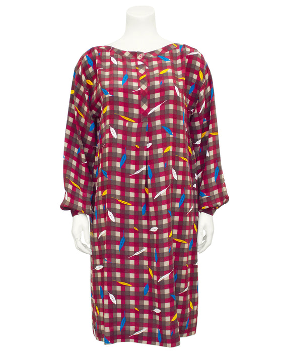 Maroon Check and Feather Print Silk Dress