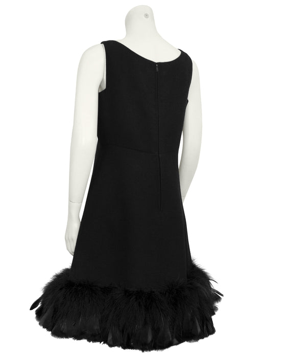 Black Wool Cocktail Dress with Feather Trim