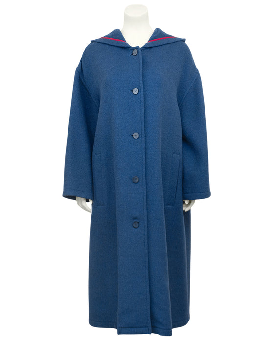 Blue, Rose Trimmed Wool Coat with Hood