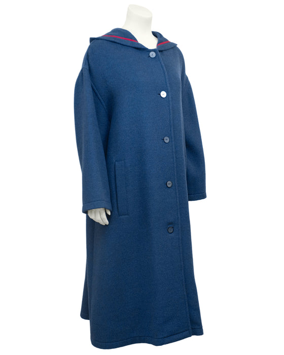 Blue, Rose Trimmed Wool Coat with Hood