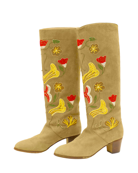 Tan Suede Floral Embroidery Boots