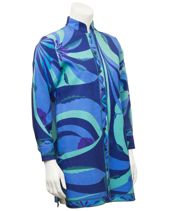 Blue Silk and Wool Printed 3/4 Length Jacket