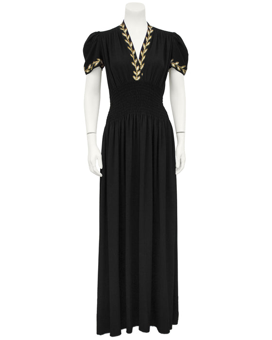 Black Moss Crepe and Gold Thread Evening Dress