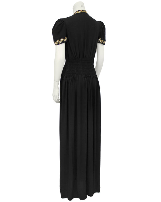 Black Moss Crepe and Gold Thread Evening Dress