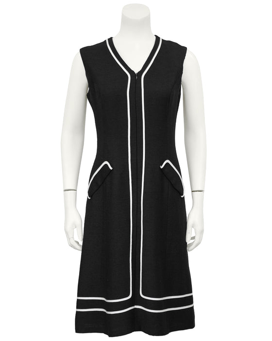 Black Day Dress with White Piping