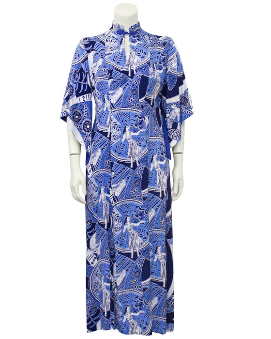 Blue Hawaiian Print Rayon Hostess Gown
