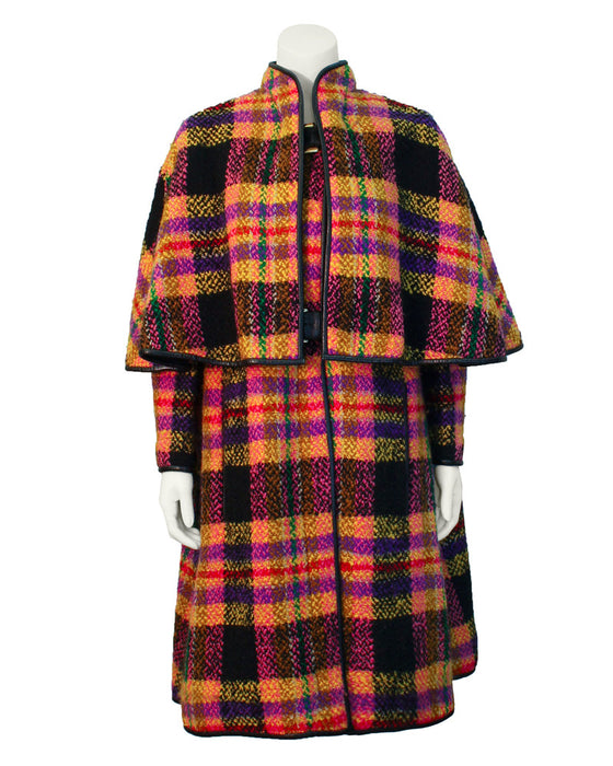 Mutli-colored plaid wool cape with leather trim