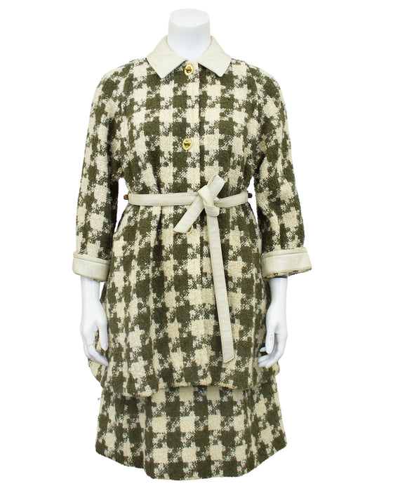 Cream and Green Houndstooth Coat and Skirt Ensemble