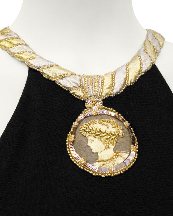 Black Cocktail Dress with Gold Roman Details