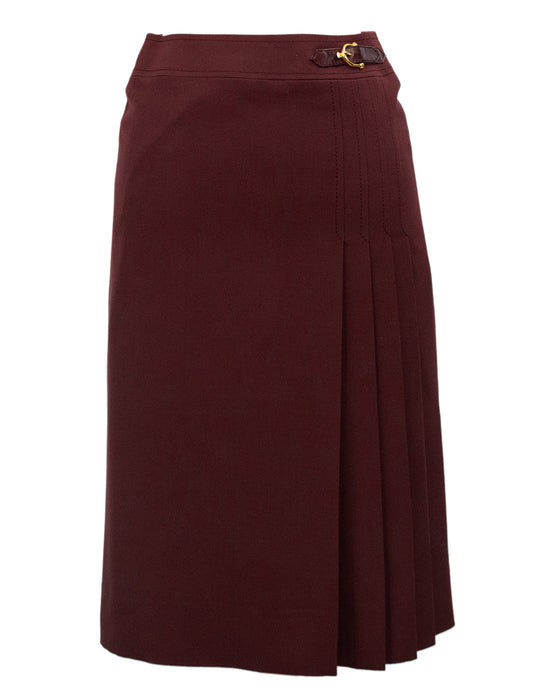 Maroon Wool Gabardine Pleated Skirt
