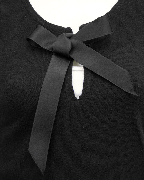 Black Scottish Cashmere Sweater with Thread Through Satin Bow
