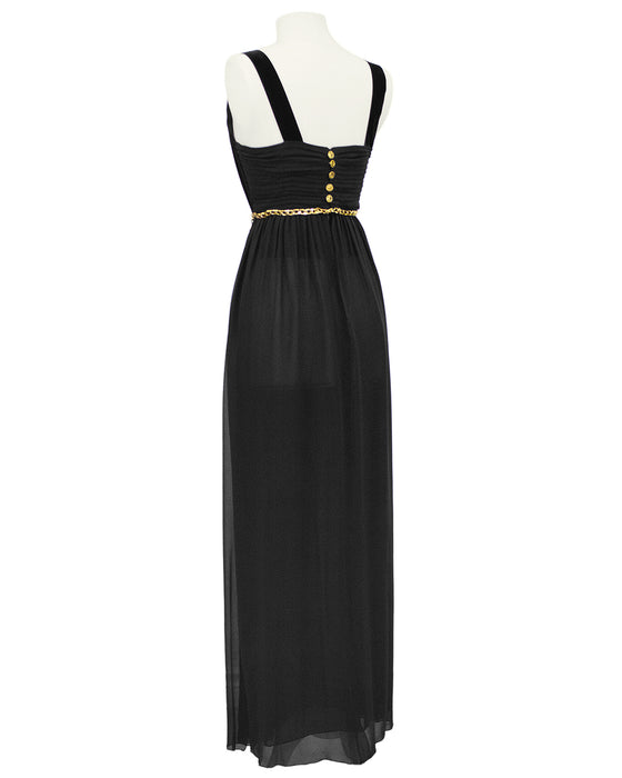 Black Chiffon Gown with Gold Chain Belt