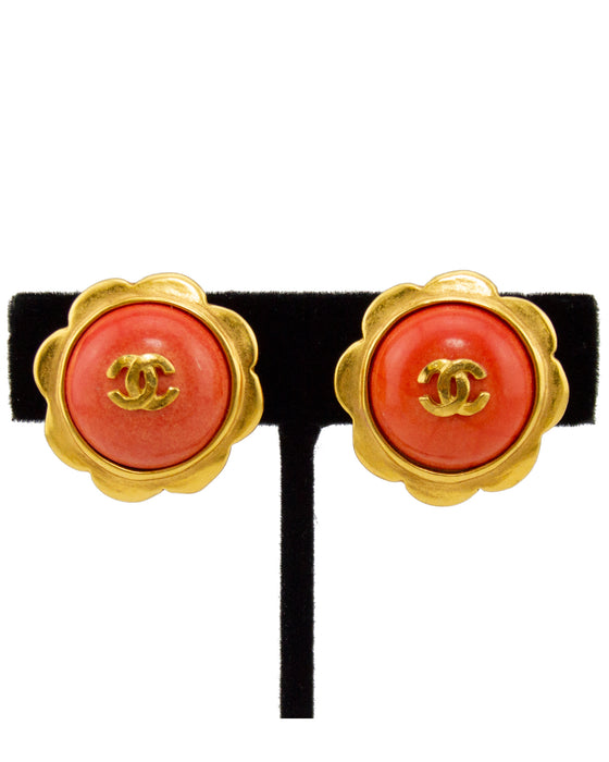 Flower Shaped Gold and Coral Earrings