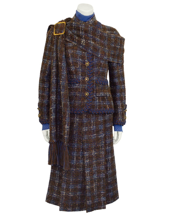 1981 Blue and Brown Haute Couture Tweed 5 Piece Skirt Suit