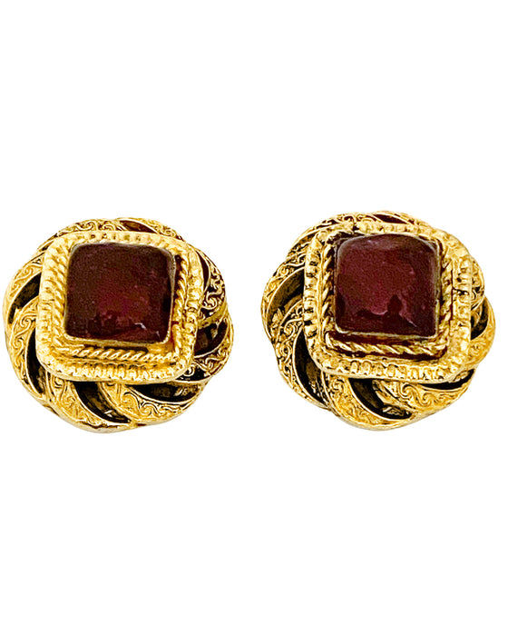 Gold Tone and Red Poured Glass Earrings
