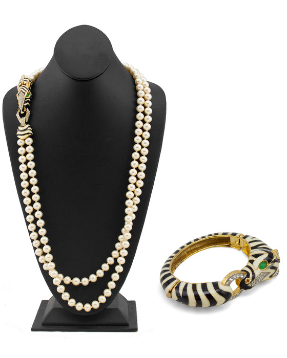 Double Faux Pearl Necklace & Matching Zebra Enamel Bracelet