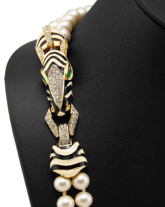 Double Faux Pearl Necklace & Matching Zebra Enamel Bracelet