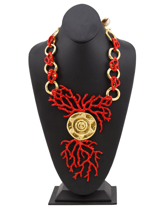 Red Enamel & Gold Coral Necklace