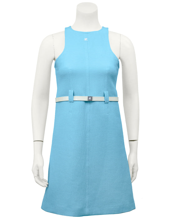 Blue Cotton Ribbed Day Dress with White Belt