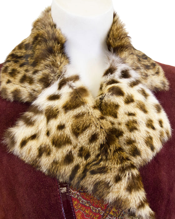 Burgundy Suede & Paisley Coat With Stencilled Fur