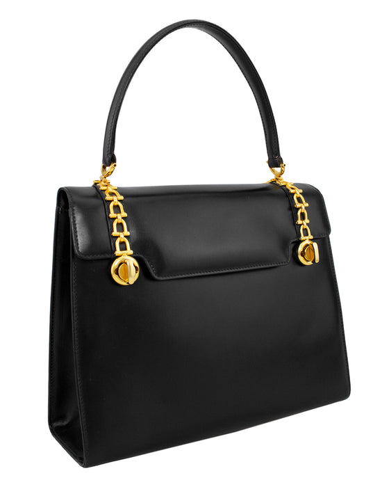 Black Calf Leather Top Handle Bag with Gold Horse Bit Details