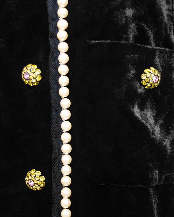 Black Woven Moire Velvet Jacket with Faux Pearl & Swarovski Crystal