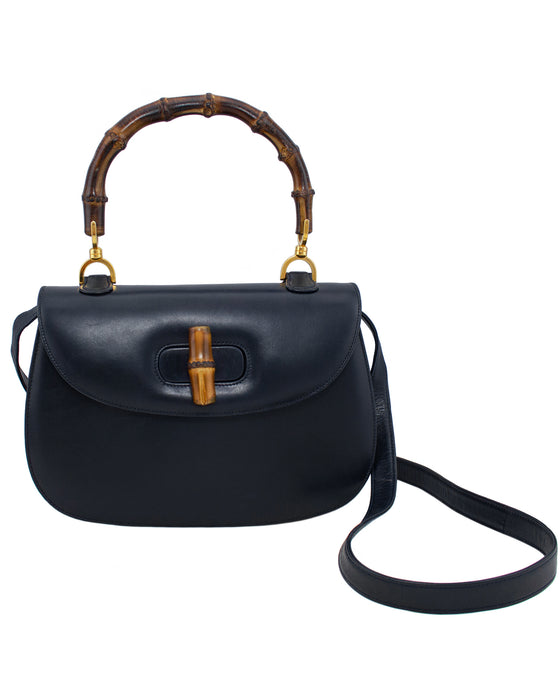 1947 Original Issue Navy Leather Handbag With Bamboo Handle